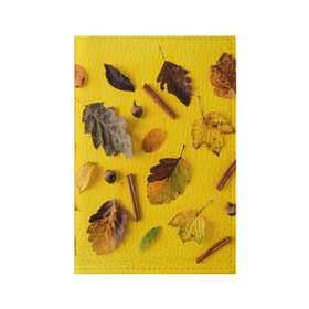 Обложка для паспорта матовая кожа с принтом Гербарий в Кировске, натуральная матовая кожа | размер 19,3 х 13,7 см; прозрачные пластиковые крепления | гербарий | жёлтый | листья | осень