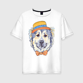 Женская футболка хлопок Oversize с принтом Джентльмен в Кировске, 100% хлопок | свободный крой, круглый ворот, спущенный рукав, длина до линии бедер
 | арт | графика | животные | сенбернар | собаки