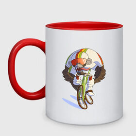 Кружка двухцветная с принтом Безумный велосипедист в Кировске, керамика | объем — 330 мл, диаметр — 80 мм. Цветная ручка и кайма сверху, в некоторых цветах — вся внутренняя часть | Тематика изображения на принте: арт | велосипед | велосипедист | обезьяна | рисунок | спортсмен