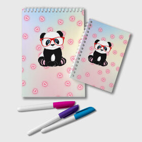 Блокнот с принтом Милая пандочка в Кировске, 100% бумага | 48 листов, плотность листов — 60 г/м2, плотность картонной обложки — 250 г/м2. Листы скреплены удобной пружинной спиралью. Цвет линий — светло-серый
 | маленькая панда | маленькая пандочк | милая панда | милая пандочка | панда | панда в красных очках | панда в очках | панда очки | панда сердечки | панда сердце | пандочка | пандочка в красных очках