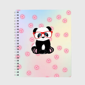 Тетрадь с принтом Милая пандочка в Кировске, 100% бумага | 48 листов, плотность листов — 60 г/м2, плотность картонной обложки — 250 г/м2. Листы скреплены сбоку удобной пружинной спиралью. Уголки страниц и обложки скругленные. Цвет линий — светло-серый
 | Тематика изображения на принте: маленькая панда | маленькая пандочк | милая панда | милая пандочка | панда | панда в красных очках | панда в очках | панда очки | панда сердечки | панда сердце | пандочка | пандочка в красных очках