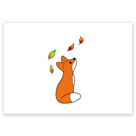 Поздравительная открытка с принтом Лиса С Листиками в Кировске, 100% бумага | плотность бумаги 280 г/м2, матовая, на обратной стороне линовка и место для марки
 | лиса | листики | листья | лисы | оранжевая лиса | осенняя лиса | осень