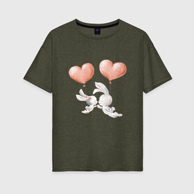 Женская футболка хлопок Oversize с принтом Пара влюбленных зайчиков в Кировске, 100% хлопок | свободный крой, круглый ворот, спущенный рукав, длина до линии бедер
 | зайчики | любовь | пара | розовый | сердце | серый | шарики