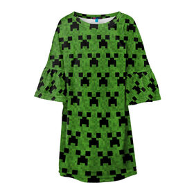 Детское платье 3D с принтом Minecraft в Кировске, 100% полиэстер | прямой силуэт, чуть расширенный к низу. Круглая горловина, на рукавах — воланы | Тематика изображения на принте: creeper | minecraft | блок | игра | крипер | майнкрафт | победитель | приключения