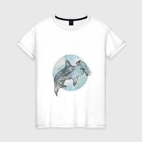 Женская футболка хлопок с принтом Акула-молот в Кировске, 100% хлопок | прямой крой, круглый вырез горловины, длина до линии бедер, слегка спущенное плечо | circle | graphics | moon | shark | watercolor | акварель | акула | графика | круг | луна