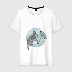 Мужская футболка хлопок с принтом Акула-молот в Кировске, 100% хлопок | прямой крой, круглый вырез горловины, длина до линии бедер, слегка спущенное плечо. | Тематика изображения на принте: circle | graphics | moon | shark | watercolor | акварель | акула | графика | круг | луна