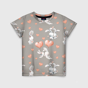 Детская футболка 3D с принтом Влюбленные в Кировске, 100% гипоаллергенный полиэфир | прямой крой, круглый вырез горловины, длина до линии бедер, чуть спущенное плечо, ткань немного тянется | влюбленные | зайчики | пара | розовый | сердце | серый | шарики