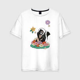 Женская футболка хлопок Oversize с принтом Flower в Кировске, 100% хлопок | свободный крой, круглый ворот, спущенный рукав, длина до линии бедер
 | bambi | disney | flower | vdkimel | бэмби | дисней