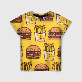 Детская футболка 3D с принтом фастфуд в Кировске, 100% гипоаллергенный полиэфир | прямой крой, круглый вырез горловины, длина до линии бедер, чуть спущенное плечо, ткань немного тянется | гамбургер | еда | картошка фри | фастфуд