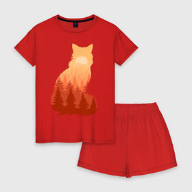 Женская пижама с шортиками хлопок с принтом Лиса в Кировске, 100% хлопок | футболка прямого кроя, шорты свободные с широкой мягкой резинкой | fox | лес | лис | лиса | лисенок | лисичка | рыжий