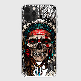 Чехол для iPhone 12 Pro Max с принтом Череп индейца в Кировске, Силикон |  | зубы | индеец | маска | перья | рисунок | ритуал | скелет | страшный | череп