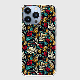 Чехол для iPhone 13 Pro с принтом Hardcore tattoo в Кировске,  |  | colorful | skull | snake | tattoo | vintage | винтаж | змеи | игральные | кости | скелет | тату | цветной | цветы | черепа