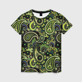 Женская футболка 3D с принтом Молекулярный рисунок в Кировске, 100% полиэфир ( синтетическое хлопкоподобное полотно) | прямой крой, круглый вырез горловины, длина до линии бедер | арт | биология | жёлтый | зелёный | молекула | рисунок | синий | чёрный