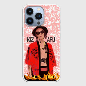 Чехол для iPhone 13 Pro с принтом KIZARU в Кировске,  |  | death in a cloak | explosion | haunted family lettering | haunted family print | kizaru | rapper | tattoos | белые кляксы | взрыв | кизару | надпись haunted family | певец | принт haunted family | розовый | рэпер | татуировки |