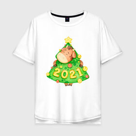 Мужская футболка хлопок Oversize с принтом Год быка 2021 Елочка-бычок в Кировске, 100% хлопок | свободный крой, круглый ворот, “спинка” длиннее передней части | Тематика изображения на принте: 