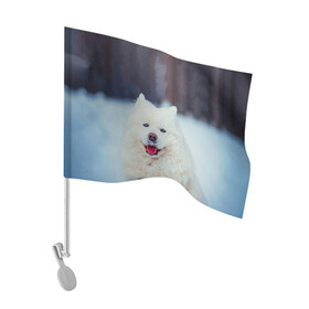 Флаг для автомобиля с принтом САМОЕД в Кировске, 100% полиэстер | Размер: 30*21 см | Тематика изображения на принте: animals | dog | winter | домашние | друг | животные | звери | зима | лайка | пес | песель | природа | пушистый | самоед | собаки | собачка | хаски
