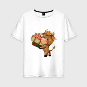 Женская футболка хлопок Oversize с принтом Символ года 2021 бык в Кировске, 100% хлопок | свободный крой, круглый ворот, спущенный рукав, длина до линии бедер
 | 