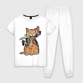 Женская пижама хлопок с принтом Кот самурай в Кировске, 100% хлопок | брюки и футболка прямого кроя, без карманов, на брюках мягкая резинка на поясе и по низу штанин | cat | иероглифы | кот | котэ | котяра | кошка | меч | ниндзя | самурай | япония