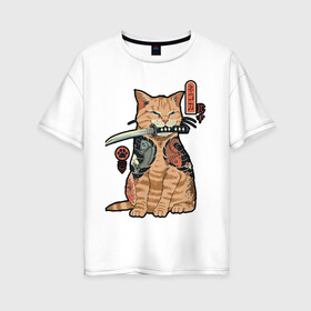 Женская футболка хлопок Oversize с принтом Кот самурай в Кировске, 100% хлопок | свободный крой, круглый ворот, спущенный рукав, длина до линии бедер
 | cat | иероглифы | кот | котэ | котяра | кошка | меч | ниндзя | самурай | япония