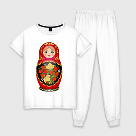 Женская пижама хлопок с принтом Матрешка Снегурка Хохлома в Кировске, 100% хлопок | брюки и футболка прямого кроя, без карманов, на брюках мягкая резинка на поясе и по низу штанин | 