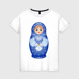 Женская футболка хлопок с принтом Матрешка Снегурка Гжель в Кировске, 100% хлопок | прямой крой, круглый вырез горловины, длина до линии бедер, слегка спущенное плечо | 