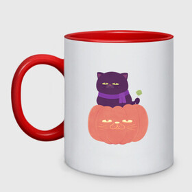 Кружка двухцветная с принтом Хеллоуиновский кот в Кировске, керамика | объем — 330 мл, диаметр — 80 мм. Цветная ручка и кайма сверху, в некоторых цветах — вся внутренняя часть | арт | ведьма | кот | кошка | рисунок | сладость чупа чупс | тыква | хеллоуин | хэллоуин | чёрная кошка | чёрный кот | шарф