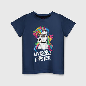 Детская футболка хлопок с принтом Unicorn hipster в Кировске, 100% хлопок | круглый вырез горловины, полуприлегающий силуэт, длина до линии бедер | Тематика изображения на принте: color | cool | eyes | fashion | hipster | horn | hype | mane | muzzle | unicorn | глаза | грива | единорог | круто | мода | очки | рог | хайп | хипстер | цвет