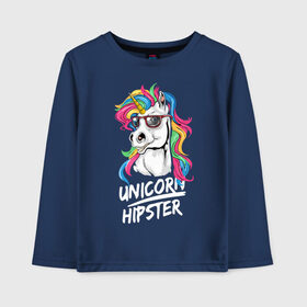 Детский лонгслив хлопок с принтом Unicorn hipster в Кировске, 100% хлопок | круглый вырез горловины, полуприлегающий силуэт, длина до линии бедер | Тематика изображения на принте: color | cool | eyes | fashion | hipster | horn | hype | mane | muzzle | unicorn | глаза | грива | единорог | круто | мода | очки | рог | хайп | хипстер | цвет