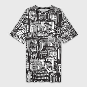 Платье-футболка 3D с принтом Бесконечный город в Кировске,  |  | город | дом | карикатура | паттерн | улица | черный