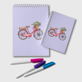 Блокнот с принтом Bicycle в Кировске, 100% бумага | 48 листов, плотность листов — 60 г/м2, плотность картонной обложки — 250 г/м2. Листы скреплены удобной пружинной спиралью. Цвет линий — светло-серый
 | Тематика изображения на принте: букет | велосипед | лето | цветы