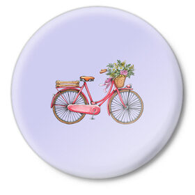 Значок с принтом Bicycle в Кировске,  металл | круглая форма, металлическая застежка в виде булавки | букет | велосипед | лето | цветы