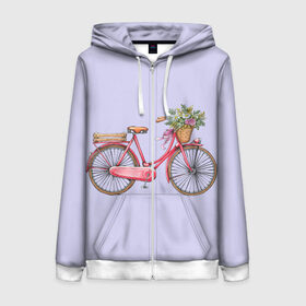 Женская толстовка 3D на молнии с принтом Bicycle в Кировске, 100% полиэстер | длина до линии бедра, манжеты и пояс оформлены мягкой тканевой резинкой, двухслойный капюшон со шнурком для регулировки, спереди молния, по бокам два кармана | Тематика изображения на принте: букет | велосипед | лето | цветы