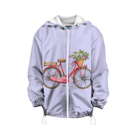 Детская куртка 3D с принтом Bicycle в Кировске, 100% полиэстер | застежка — молния, подол и капюшон оформлены резинкой с фиксаторами, по бокам — два кармана без застежек, один потайной карман на груди, плотность верхнего слоя — 90 г/м2; плотность флисового подклада — 260 г/м2 | букет | велосипед | лето | цветы