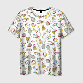 Мужская футболка 3D с принтом спорт в Кировске, 100% полиэфир | прямой крой, круглый вырез горловины, длина до линии бедер | бита | весы | воланчик | гантеля | кроссовок | мяч | ракетка | скейт