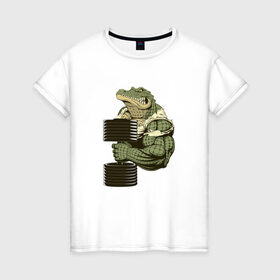 Женская футболка хлопок с принтом Крокодил в Кировске, 100% хлопок | прямой крой, круглый вырез горловины, длина до линии бедер, слегка спущенное плечо | злой крокодил | крокодил | крокодил с гантелей | мускулистый крокодил | сильный крокодил