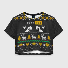 Женская футболка Crop-top 3D с принтом Pornhub свитер с оленями в Кировске, 100% полиэстер | круглая горловина, длина футболки до линии талии, рукава с отворотами | 2021 | knit | knitted | merch | new year | sweater | ugly sweater | вязанный | вязяный | зимний | лого | логотип | мерч | новый год | олени | рождественский | рождественский свитер | рождес