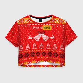 Женская футболка Crop-top 3D с принтом Pornhub рождественский свитер в Кировске, 100% полиэстер | круглая горловина, длина футболки до линии талии, рукава с отворотами | Тематика изображения на принте: 2021 | christmas | knit | knitted | merch | new year | sweater | ugly sweater | вязанный | вязяный | зимний | лого | логотип | мерч | новый год | олени | рождественский | рождество