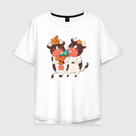 Мужская футболка хлопок Oversize с принтом Влюбленные бычок и корова в Кировске, 100% хлопок | свободный крой, круглый ворот, “спинка” длиннее передней части | 