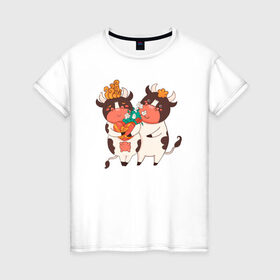 Женская футболка хлопок с принтом Влюбленные бычок и корова в Кировске, 100% хлопок | прямой крой, круглый вырез горловины, длина до линии бедер, слегка спущенное плечо | 
