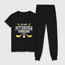 Женская пижама хлопок с принтом Pittsburgh Penguins в Кировске, 100% хлопок | брюки и футболка прямого кроя, без карманов, на брюках мягкая резинка на поясе и по низу штанин | hockey | nhl | penguins | pittsburg | pittsburgh | pittsburgh penguins | usa | нхл | пингвинз | питтсбург | питтсбург пингвинз | спорт | сша | хоккей | шайба