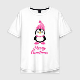 Мужская футболка хлопок Oversize с принтом Пингвин в Кировске, 100% хлопок | свободный крой, круглый ворот, “спинка” длиннее передней части | 2021 | merry christmas | белка | год быка | дед мороз | детская | дух  рождества | дух нового года | енот | животное | лиса | милый пингвин | новогодняя | пенгвин | пингвин | пингвиненок | пингвины | праздник