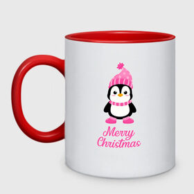 Кружка двухцветная с принтом Пингвин в Кировске, керамика | объем — 330 мл, диаметр — 80 мм. Цветная ручка и кайма сверху, в некоторых цветах — вся внутренняя часть | 2021 | merry christmas | белка | год быка | дед мороз | детская | дух  рождества | дух нового года | енот | животное | лиса | милый пингвин | новогодняя | пенгвин | пингвин | пингвиненок | пингвины | праздник