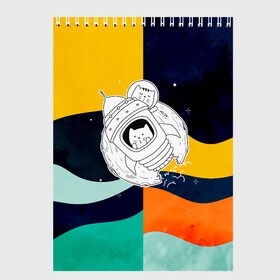 Скетчбук с принтом Космический кот в Кировске, 100% бумага
 | 48 листов, плотность листов — 100 г/м2, плотность картонной обложки — 250 г/м2. Листы скреплены сверху удобной пружинной спиралью | желтый | корабль | космос | кот | полоса | цветная | черный