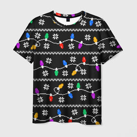 Мужская футболка 3D с принтом Новогодний Свитер Огоньки в Кировске, 100% полиэфир | прямой крой, круглый вырез горловины, длина до линии бедер | 