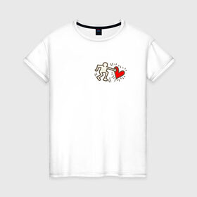 Женская футболка хлопок с принтом Heart в Кировске, 100% хлопок | прямой крой, круглый вырез горловины, длина до линии бедер, слегка спущенное плечо | влюбленные | красный | люди | минимализм | отношения | рисунок | сердечко | страсть | человечки
