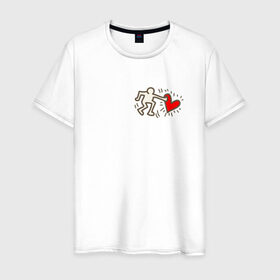 Мужская футболка хлопок с принтом Heart в Кировске, 100% хлопок | прямой крой, круглый вырез горловины, длина до линии бедер, слегка спущенное плечо. | влюбленные | красный | люди | минимализм | отношения | рисунок | сердечко | страсть | человечки