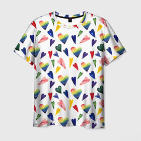 Мужская футболка 3D с принтом Пастельные сердца в Кировске, 100% полиэфир | прямой крой, круглый вырез горловины, длина до линии бедер | gradient | heart | pastel | pattern | rainbow | watercolor | акварель | градиент | пастель | радуга | сердце | узор