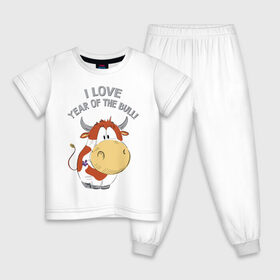 Детская пижама хлопок с принтом I love year of the bull! в Кировске, 100% хлопок |  брюки и футболка прямого кроя, без карманов, на брюках мягкая резинка на поясе и по низу штанин
 | 