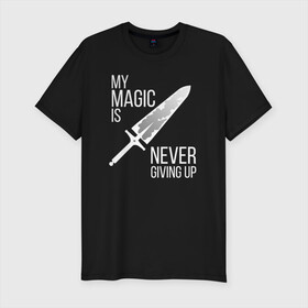 Мужская футболка хлопок Slim с принтом My magic is never giving up в Кировске, 92% хлопок, 8% лайкра | приталенный силуэт, круглый вырез ворота, длина до линии бедра, короткий рукав | Тематика изображения на принте: anime | asta | black clover | demon | magic | yuno | аниме | аниме черный клевер | анимэ | аста | демон | клевер | магия | черный клевер | юно