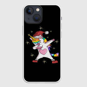 Чехол для iPhone 13 mini с принтом Unicorn Dab в Кировске,  |  | Тематика изображения на принте: art | christmas | dab | heart | new year | rainbow | santa hat | stars | unicorn | арт | единорог | звезды | новый год | радуга | рождество | сердце | шапка санты